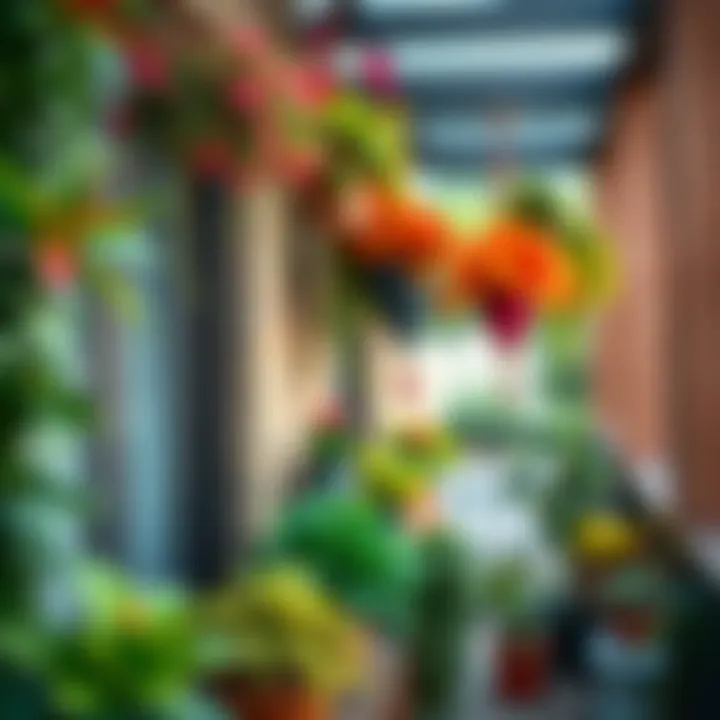 Outdoor Balcony with Vibrant Hanging Plants Outdoor balcony decorated with an array of vibrant hanging fake plants for a refreshing look