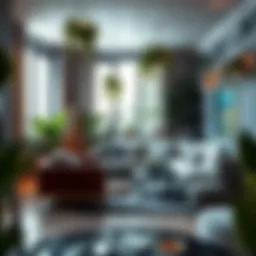 Stylish living room featuring an arrangement of hanging fake plants that enhance the decor