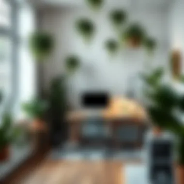Modern Workspace with Hanging Greenery A modern workspace adorned with hanging fake plants that elevate the ambience