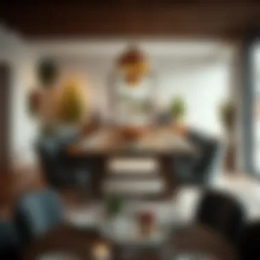 Stylish Table for Festive Gatherings A stylish dining room featuring a large table ready for a festive gathering