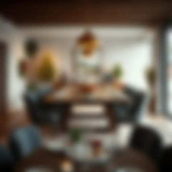 Stylish Table for Festive Gatherings A stylish dining room featuring a large table ready for a festive gathering