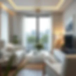 Elegant living room with white geometric curtains complementing modern furniture