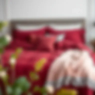 Cozy king bed adorned with a maroon duvet cover and complementary throw pillows