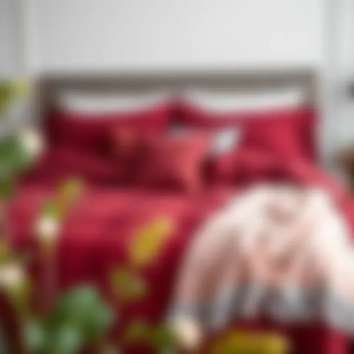 Cozy king bed adorned with a maroon duvet cover and complementary throw pillows