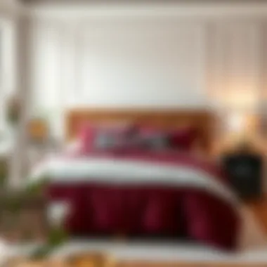 Stylish bedroom interior featuring a maroon duvet cover paired with neutral tones