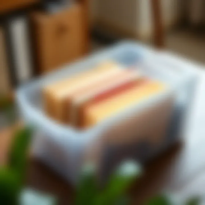 Detailed View of Plastic File Organizer A detailed view of a plastic file organizer box highlighting its compartments and usability