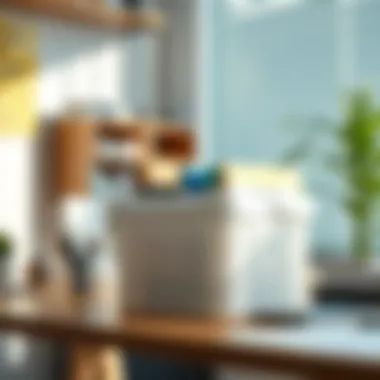 Organized Workspace with Plastic File Organizer A neatly organized workspace featuring a plastic file organizer box enhancing productivity