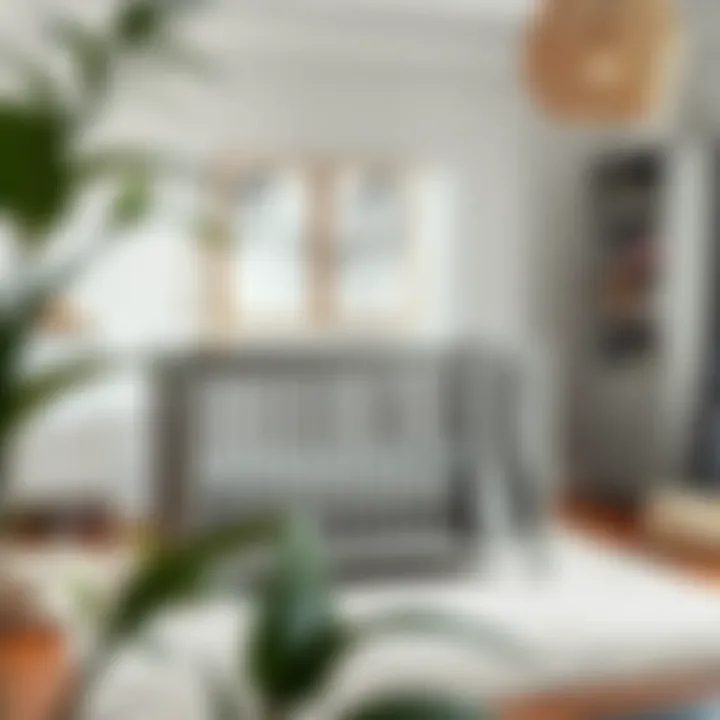 Stylish nursery featuring a small gray crib and décor