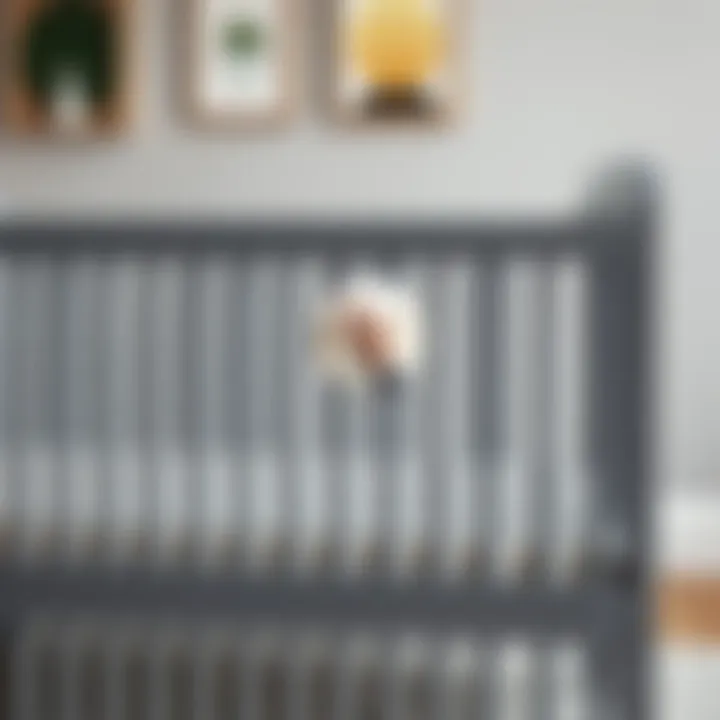 Close-up of small gray crib highlighting safety features