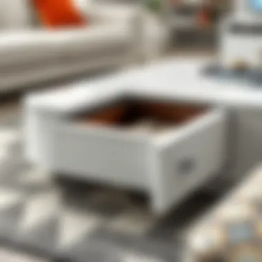 Close-up view of drawers in a high gloss coffee table showcasing storage space