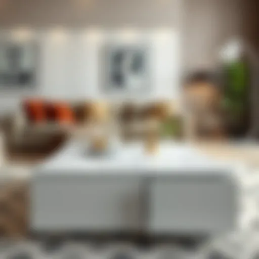 Elegant high gloss coffee table with drawers in a modern living room setting