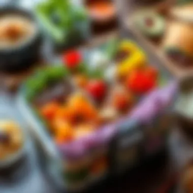 Diverse Culinary Presentation Colorful assortment of dishes within a stacking bento box