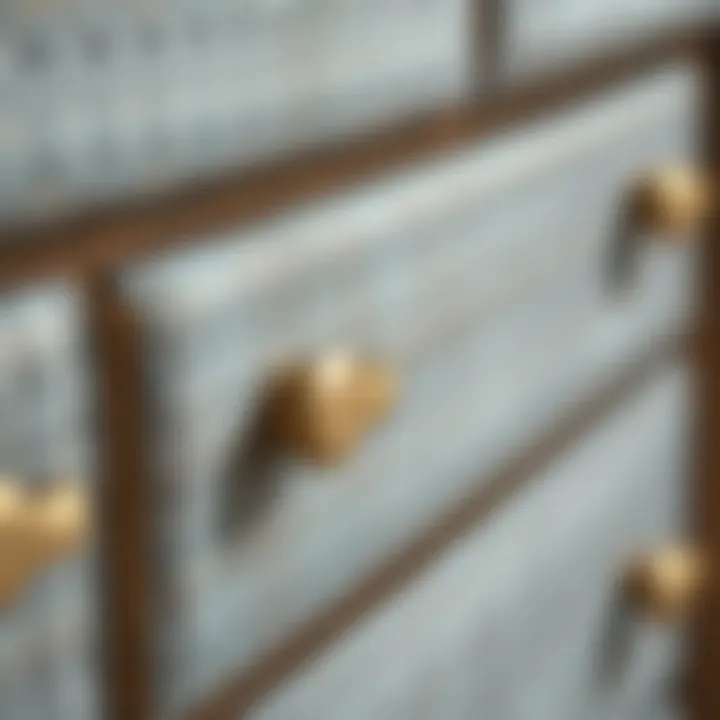 Texture and Detail of Fabric Dressers Detailed view of fabric texture and drawer handles