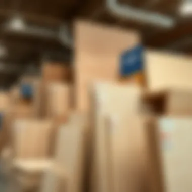 A variety of plywood sheets displayed at Lowe's