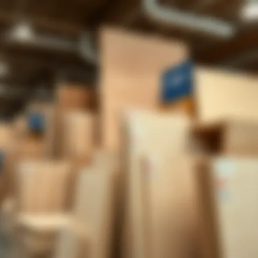 A variety of plywood sheets displayed at Lowe's