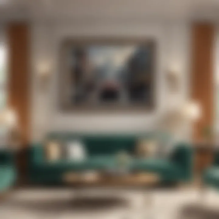 An elegant living room featuring framed vintage artwork.