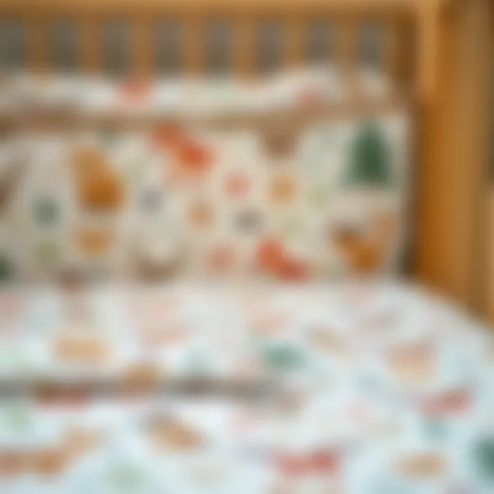 Diverse Patterns on Woodland Crib Sheets Close-up of various patterns on woodland theme crib sheets showcasing nature motifs